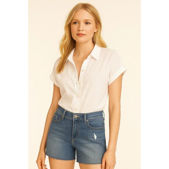 LOFT MEDIUM WASH DISTRESED JEANS RAW HEM CRUNGE BOHO SHORTS SIZE: 14 NWT - Picture 2 of 7